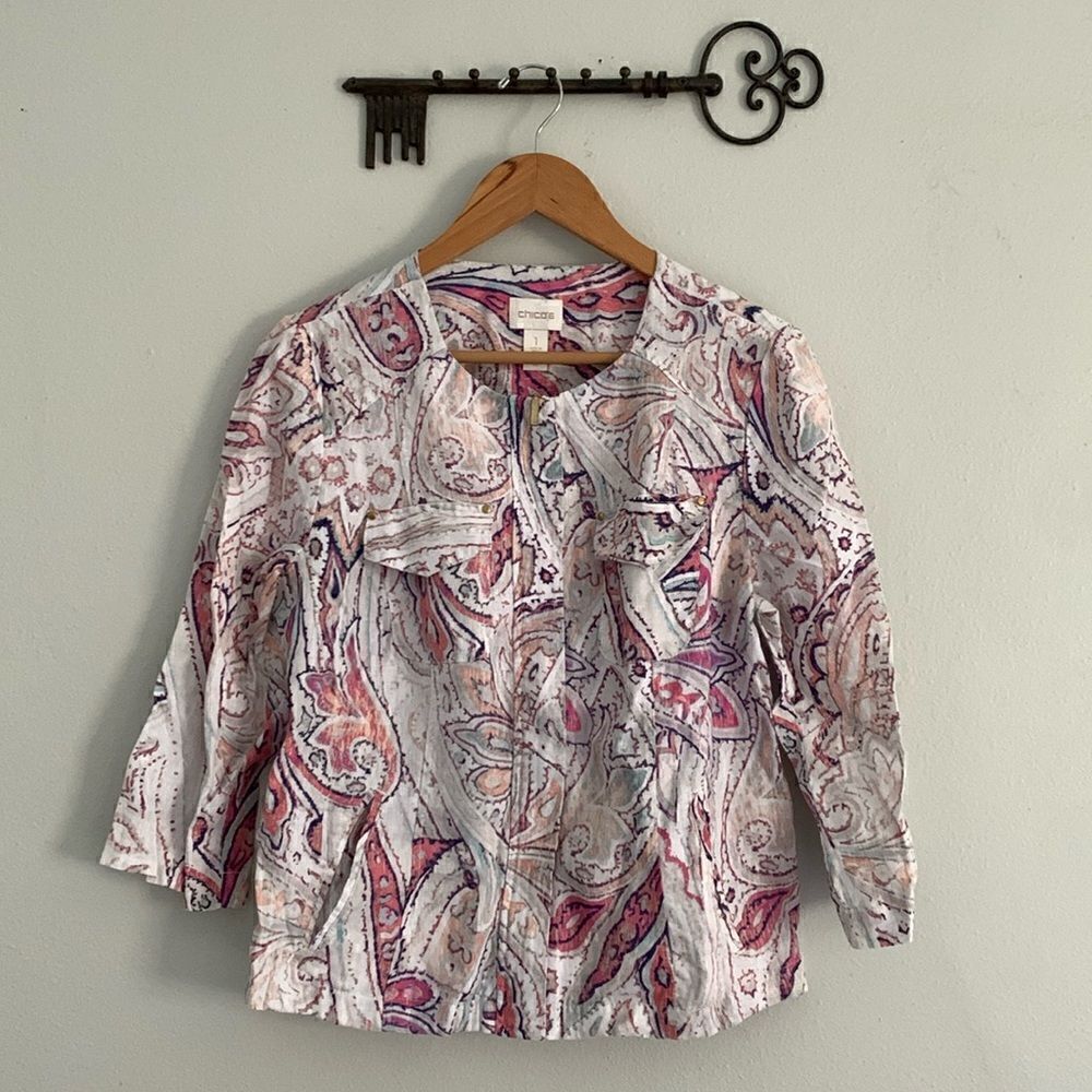 Chicos 100% linen paisley printed zip up shacket blouse in vanity size 1